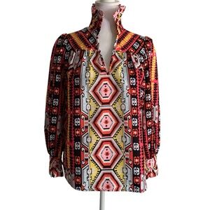 CK Bradley Blouse Top Womens XS Colorful High RuffleV Neck Aztec Western Print